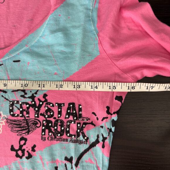 Christian Audigier Crystal Rock Y2K Shirt Womens Small Tokyo Sun Cherry Blossom - Picture 14 of 16